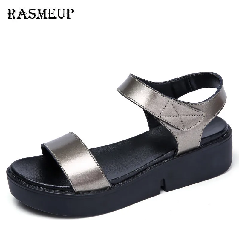 

RASMEUP Genuine Leather Women's Platform Sandals 2018 Comfortable Women Ankle Strap Flat Sandals Fashion Woman Summer Shoes