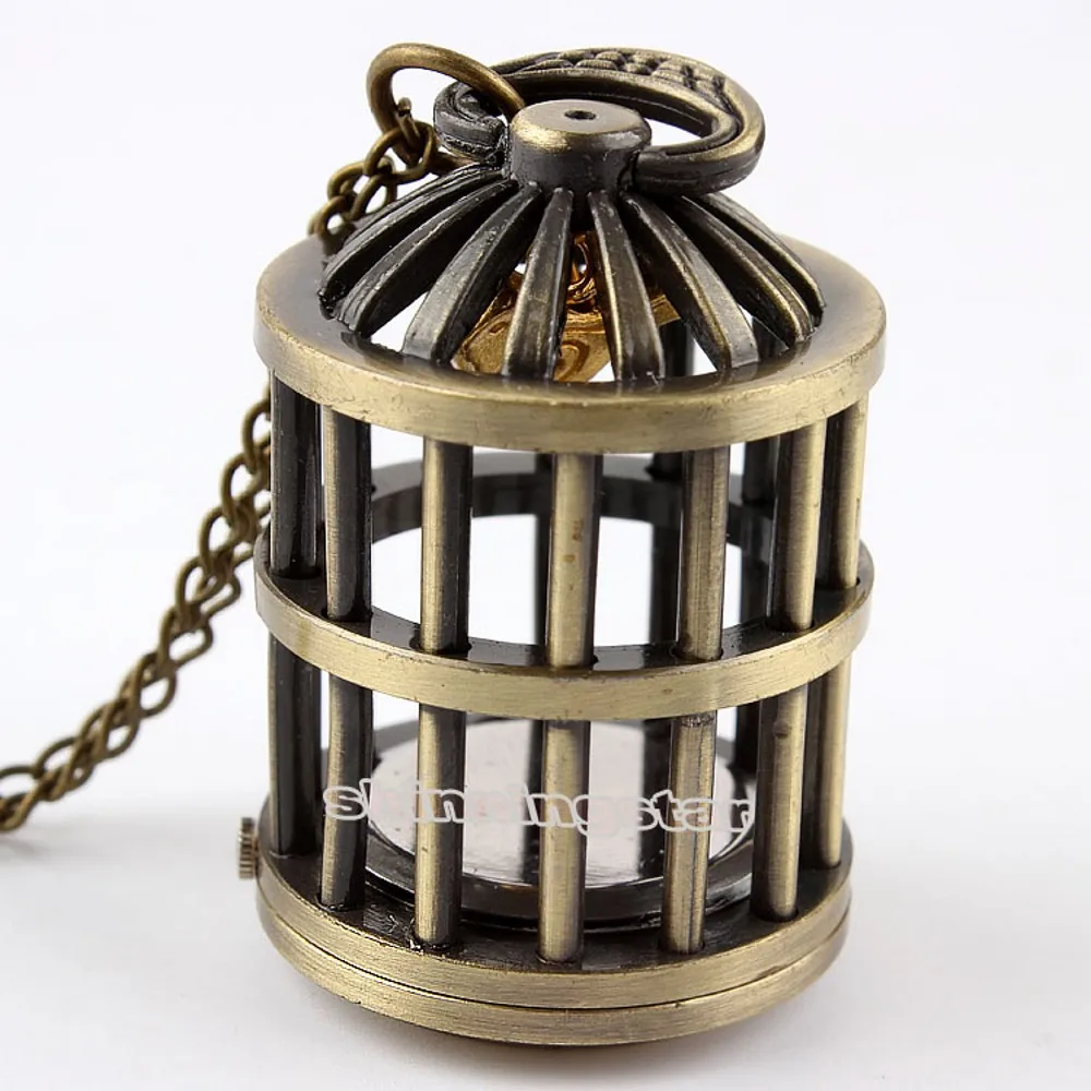 

New Arrival Fashion Cute Lifelike Birdcage Model Steampunk Quartz Pocket Watch Pendant Necklace Chain Women Men Unisex Top Gift