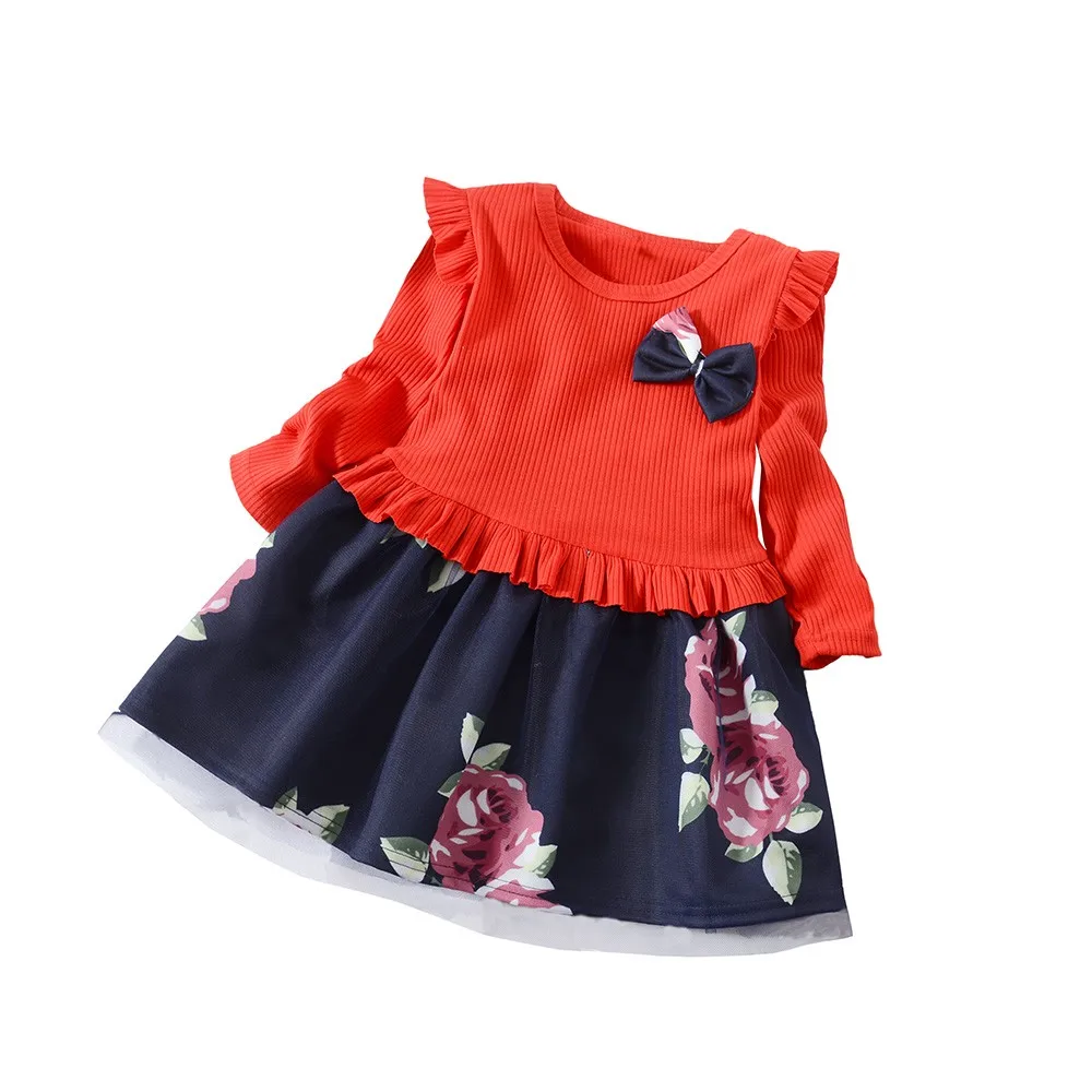 MUQGEW/платье для маленьких девочек Платья с цветочным принтом и длинными рукавами детская одежда для девочек, платья для маленьких девочек - Цвет: Красный