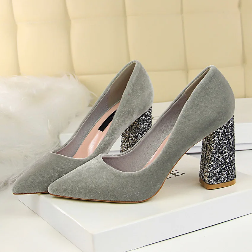 Женские блестящие туфли-лодочки на высоком каблуке 8 см; пикантные женские туфли на массивном каблуке; элегантные вечерние и свадебные туфли; цвет желтый - Цвет: Gray