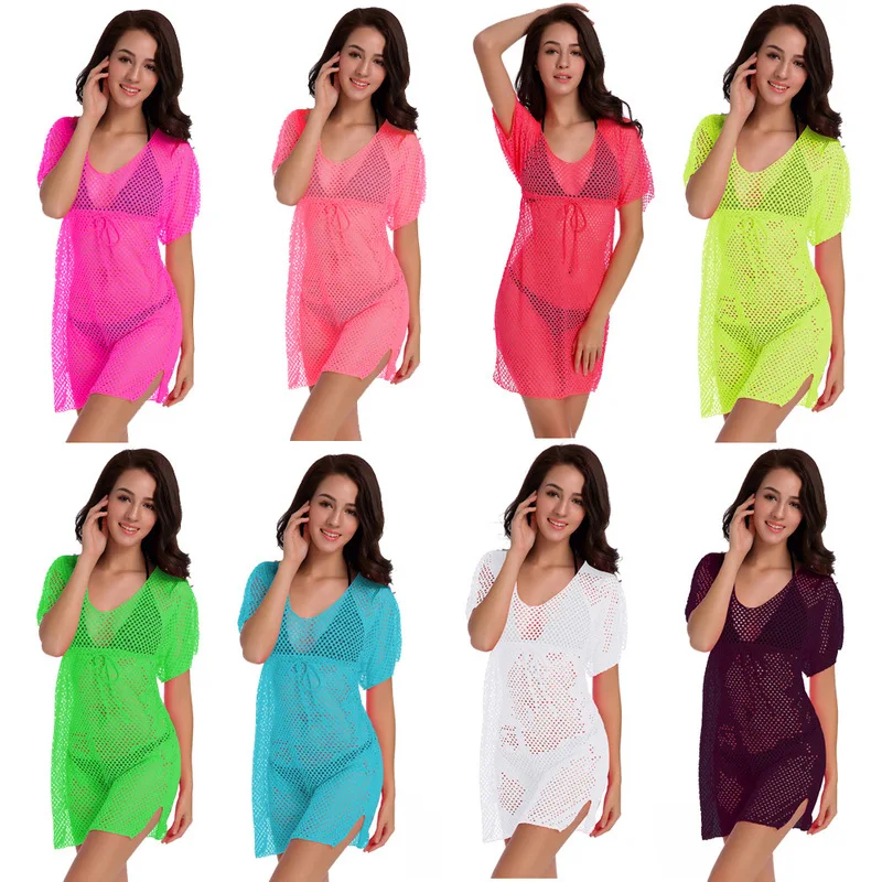 

2019 Women Summer Beach Mini Dress Elegant Short Sleeve V Neck Lace Net Crochet Hollow Out Solid Mesh Beach Dress Vestidos