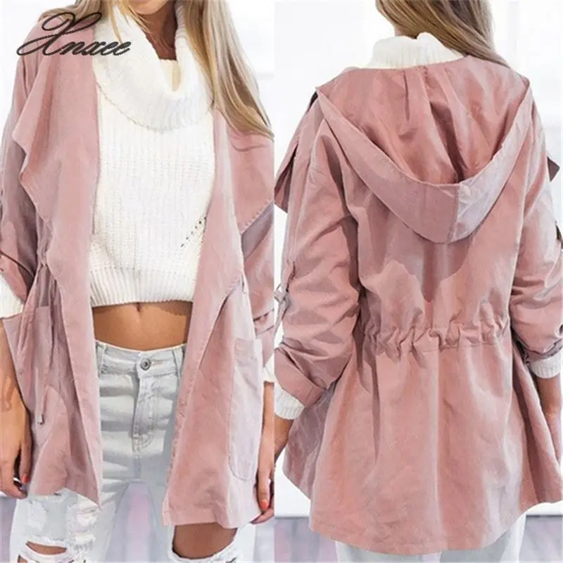 

Autumn Women's Casual Hooded Windbreaker Coat Turndown Collar Overcoat Outerwear Coat Solid Color Trench Belt Slim Tops Coat