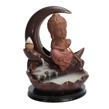 

New A Little Monk Cute Buddha Moon Shape Incense Burner Smoke Waterfall Backflow Incense Holder Buddhist Home Decor
