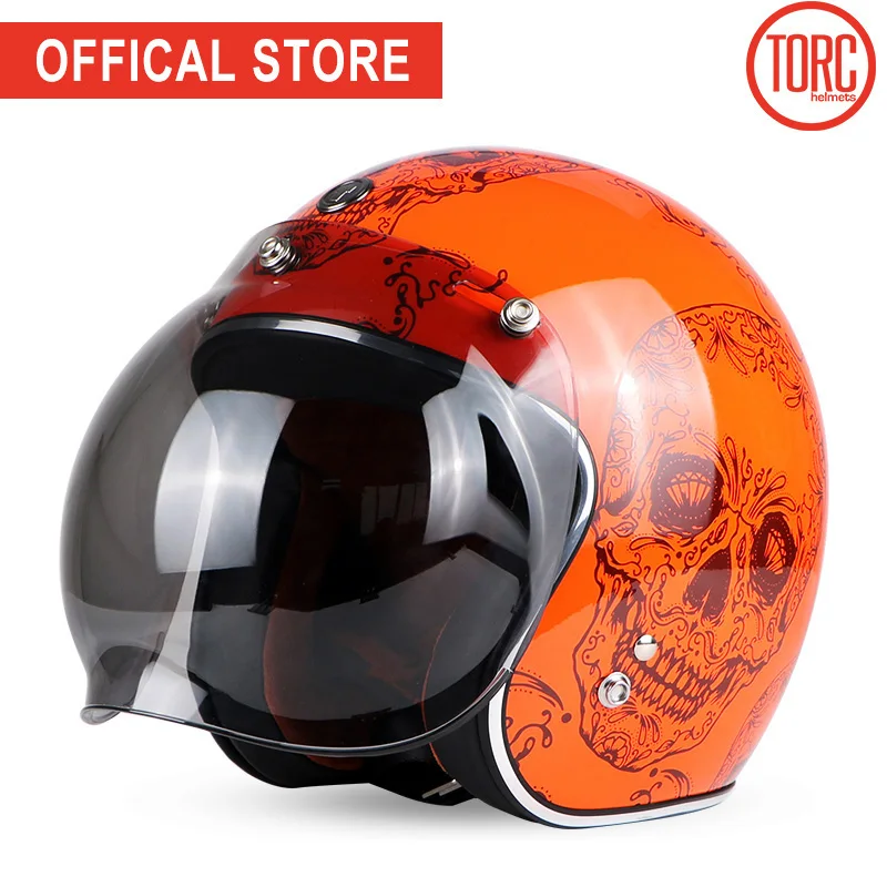 TORC moto rcycle шлем винтажный с открытым лицом пузырьковый козырек moto rbike moto cross jet Ретро шлем capacete DOT T50 moto шлем - Цвет: Orange Skull Bubble