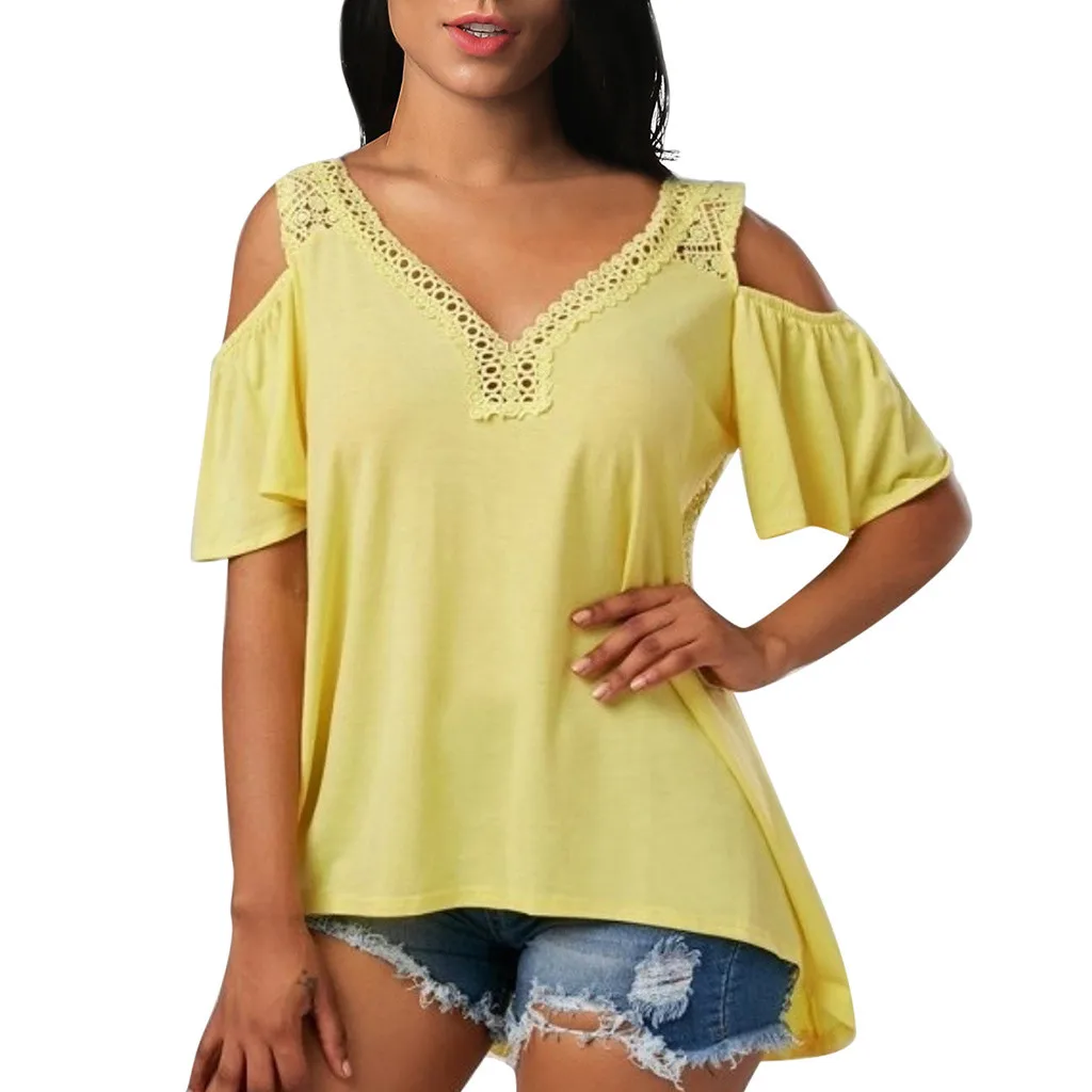 

2019 Spring Ladies Women's Summer Fashion V-collar Short Sleeve Leaky Shoulder Plus Size Trim Cute Sweet Top Blouse