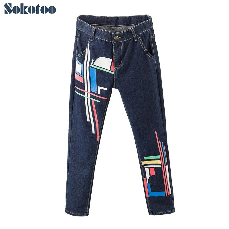 

Women's loose printed blue denim jeans Plus size colored painted pants