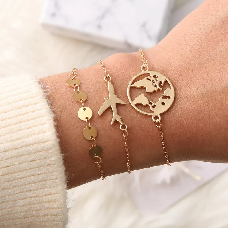 

3pcs/set Punk World Map Bracelets Alloy Round Pieces Simple Chain Plane Charm Bracelets for Women Girls Birhtday Gifts Jewelry