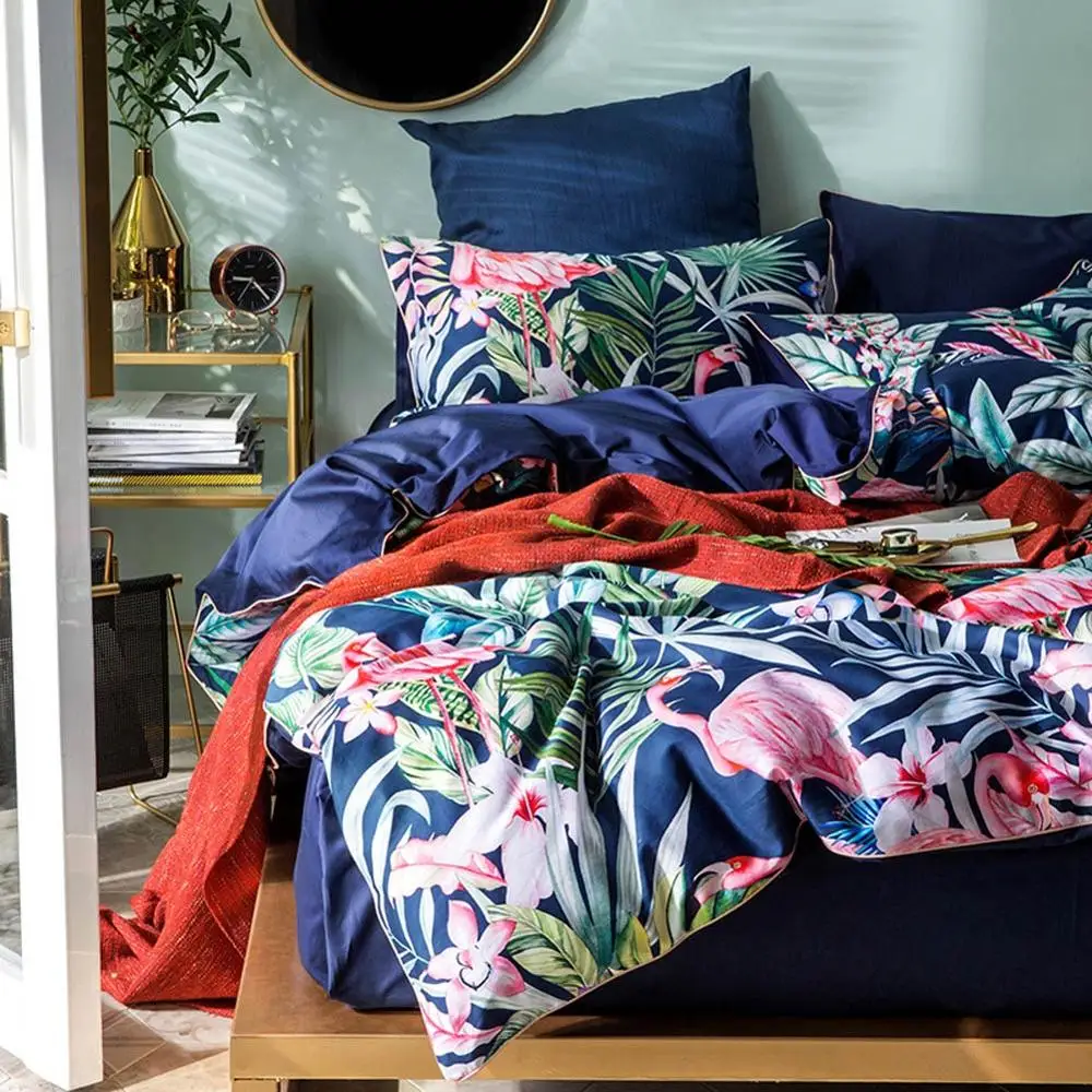 

2019 Blue Flamingo Leaves Duvet Cover Set Luxury Egyptian Cotton Fabric Bedlinens Queen Size Bedding Set Bedsheet Bedspread