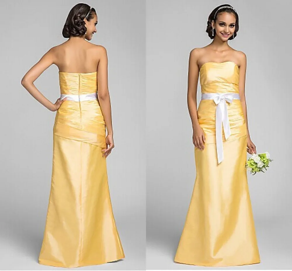 Light Yellow Bridesmaid Dresses Strapless Sleeveless With White Sashes