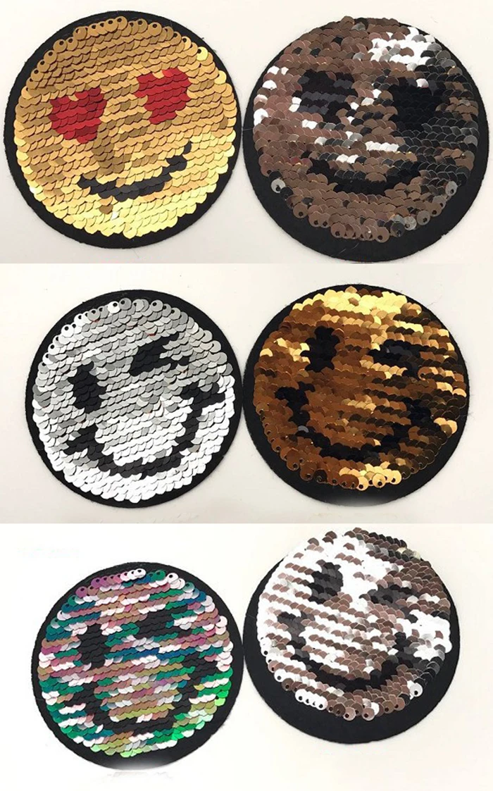 

10pcs sequin Smiling face Reversible change color patch patchwork applique embroidered fabric patches badge for jeans t-shirt