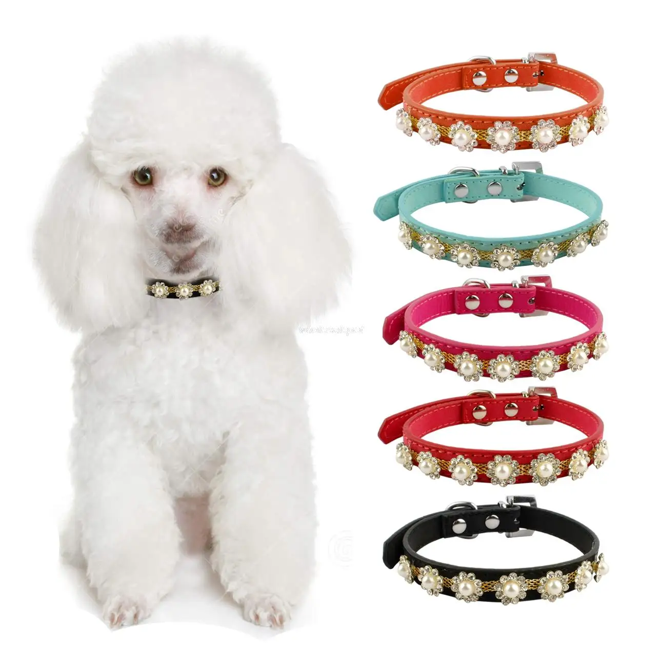

Rhinestone Dog Cat Collars Suede Leather Pearls Flower Studded Diamante Buckle For Poodle Chihuahua