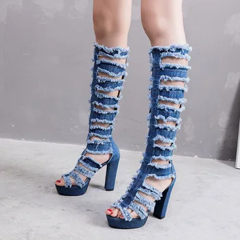 

New Fashion Women Knee High Boots Square High heel Sexy Cut-out Jeans Boots Summer Cool Boots Breathable Denim Women's Shoes
