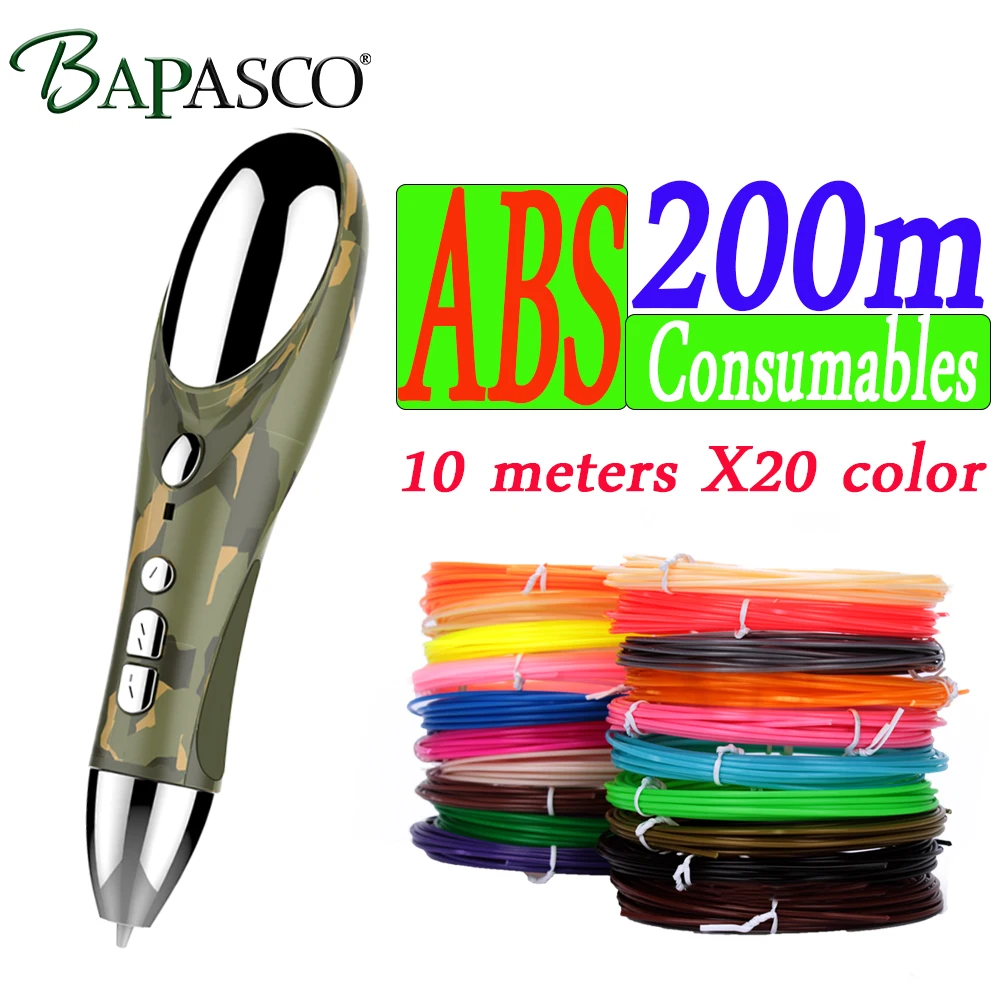 

BAPASCO 1.75mm ABS / PLA consumables DIY 3D pen USB charging 3D printing pen + 200M filament children's creative toy gift design