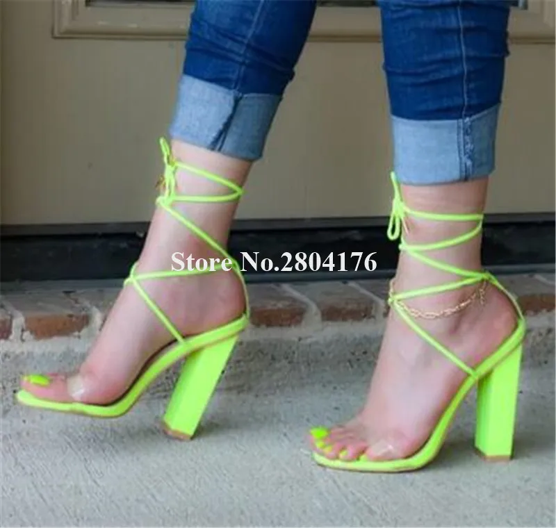 

New Fashion Women One PVC Strap Suede Leather Chunky Heel Gladiator Sandals Lace-up Orange Yellow Thick High Heel Sandals Heels
