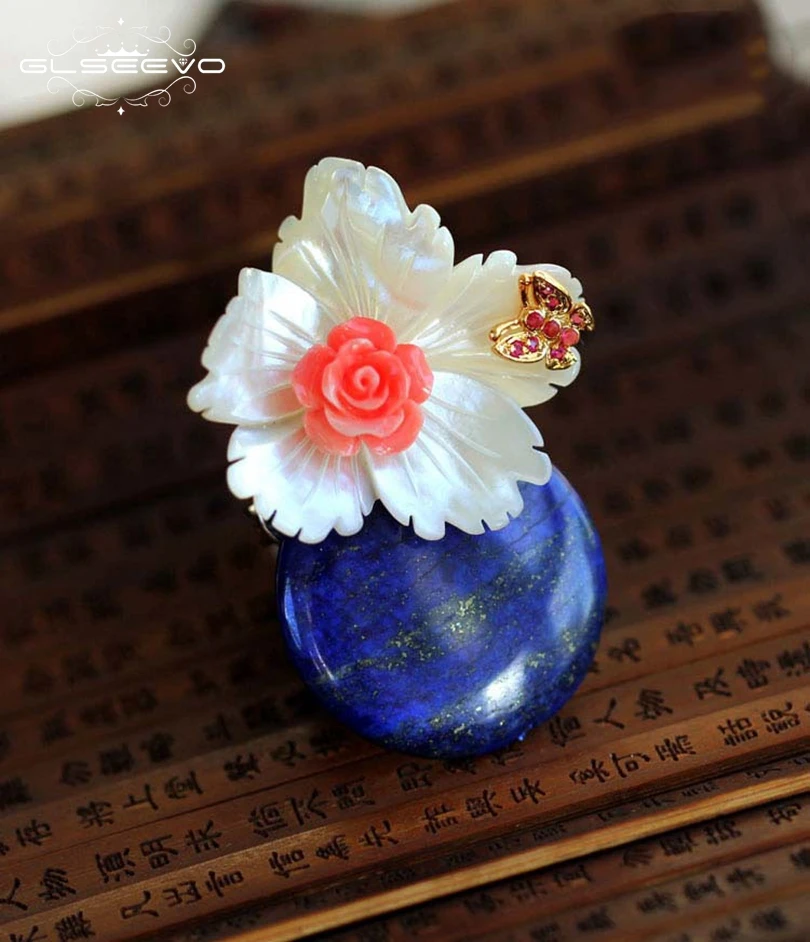 

GLSEEVO Luxury Natural Mather-Of-Pearl Flower Brooches For Women Lapis Lazuli Pendant Dual Use Brooch Pins Fine Jewelry GO0061