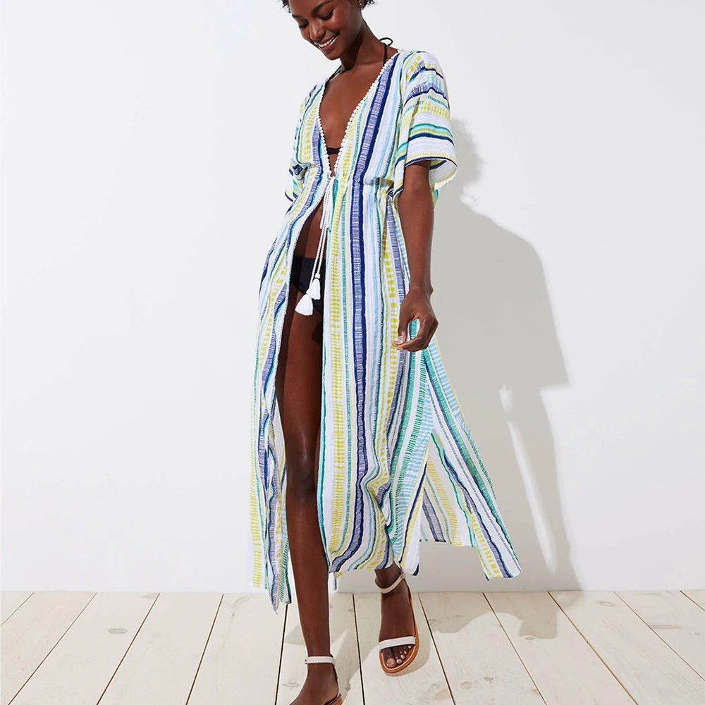 

Bsubseach Striped Short Sleeve Kimono Long Mujer 2019 Robe De Plage Loose Beach Bikini Cover Up Swimwear Playa De La Mujer XF095