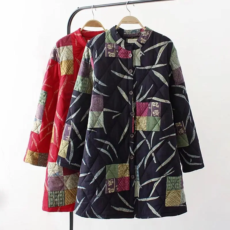

E22 Winter Casual Parkas 4XL Plus Size Women Clothing Chinese style MD-LONG stand collar warm Quilted Coat 763