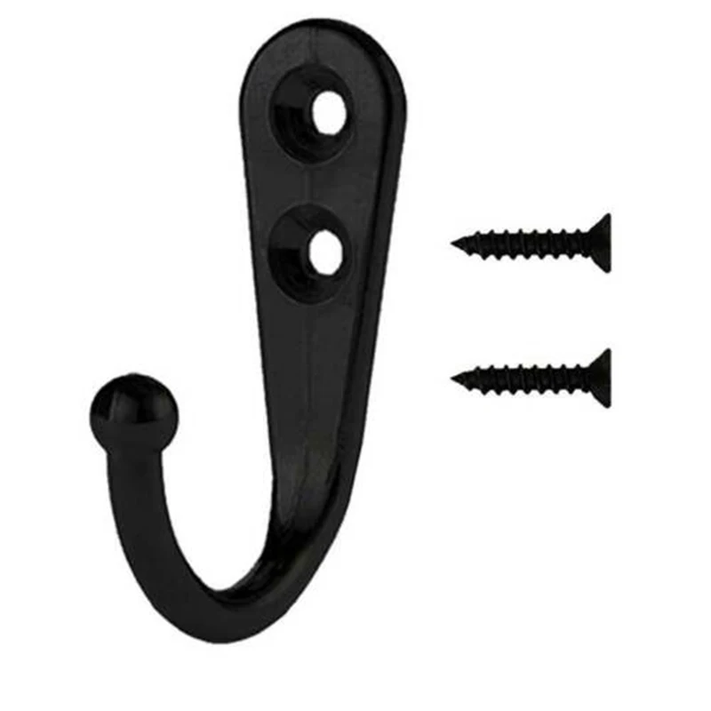 10pcs Small Black Metal Hooks Coat Hangers Screws Zinc Alloy 21*12*30 mm