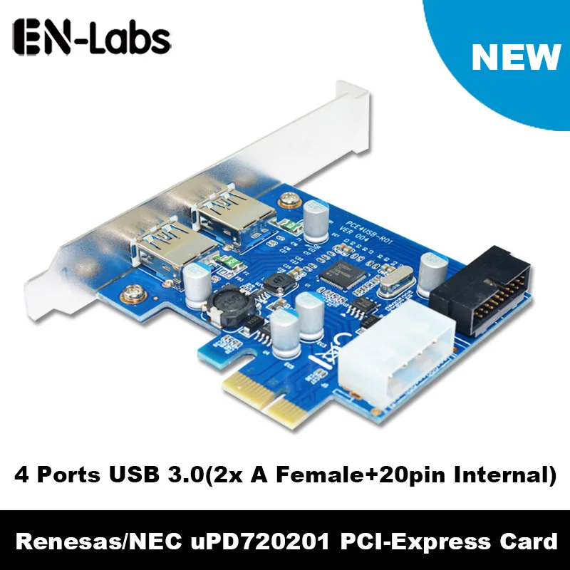 

4 Port PCIE PCI-e to USB 3.0 (2 x Type A+ 20 Pin Internal) Expansion Card Hub Controller PCI Express Card Adapter w/ Molex Power