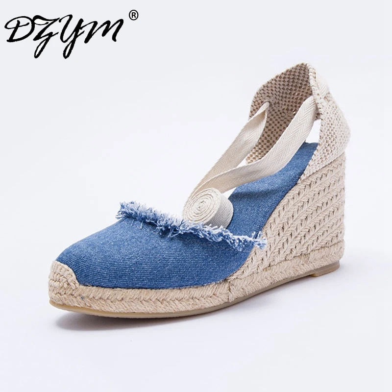 DZYM Sandalias vaqueras con cuña para mujer, zapatos de pescador con correa  en el tobillo, alpargatas de tacón superalto, lino y lino, Verano|sandal  ankle|high heel espadrilleswedge sandals - AliExpress