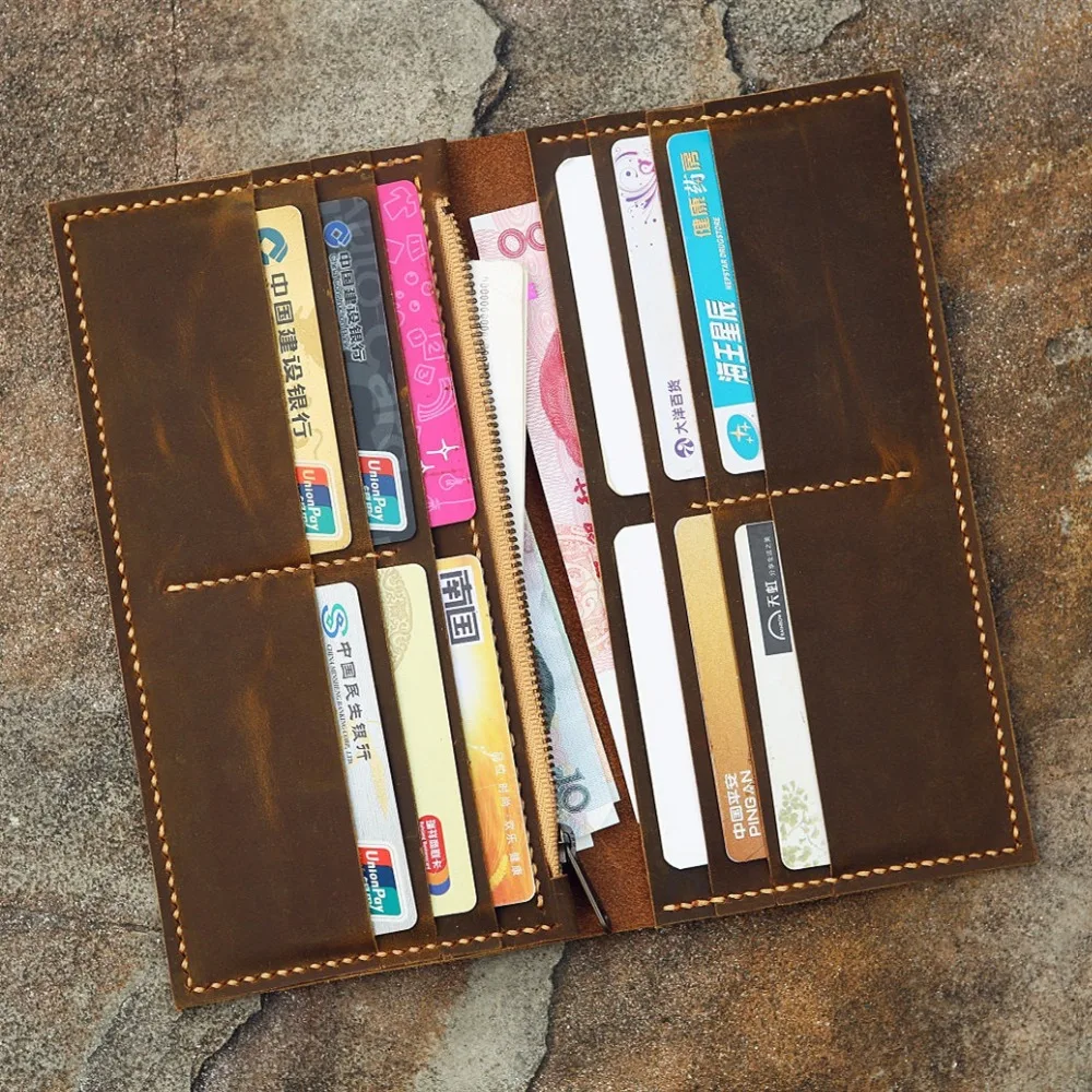 Personalized Distressed Leather Men Women long wallet / slim vertical bifold leather clutch card holder travel wallets | Багаж и сумки
