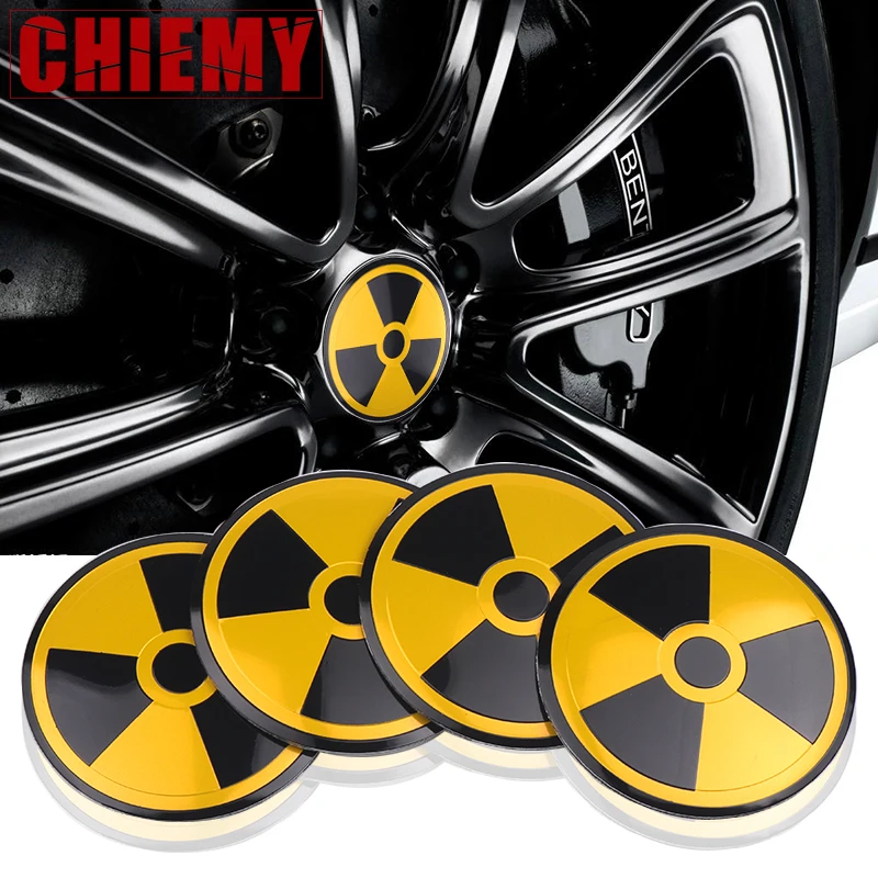 

4pcs 56mm car styling Radioactive Warning Atomic Nuclear Radiation Aluminium Car Wheel Hub Center Cap Sticker Accessories