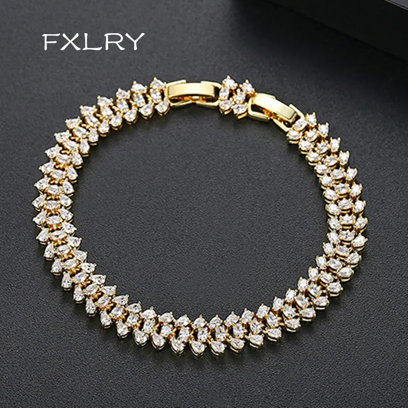 

FXLRY Luxury Golden Color AAA cubic zirconia micro pave setting AAA cubic zirconia Trendy Bracelet for Women Wedding Dating Jewe