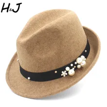 Модные, женские, шерстяные фетровая шляпа Федора Джаз Хомбург Кепки с жемчугом с декоративным цветочным рисунком и ленточной перемычкой под пальцы Размеры окружности головы 56-58 см L20
