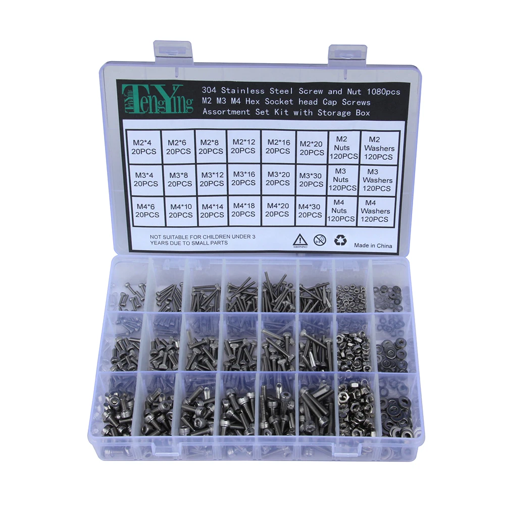 1080pcs M2 M3 M4 Hex Socket Screws Stainless Steel Button Head Bolts Nuts Assortment Kit Set With Strong Anti-oxidation Ability