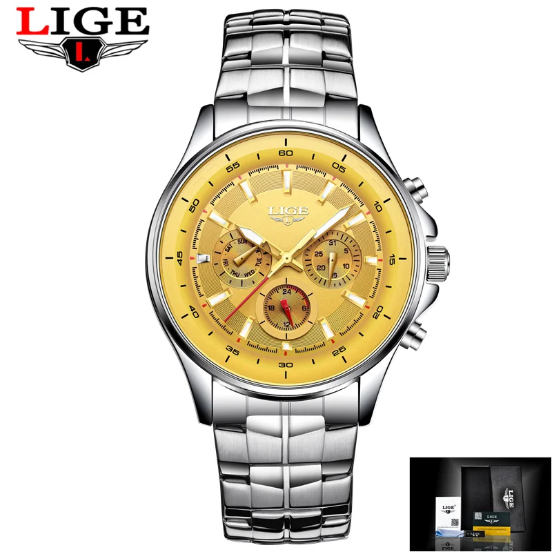 LIGE часы для мужчин Бизнес водонепроницаемые часы для мужчин s часы лучший бренд класса люкс Модные Повседневные Спортивные кварцевые наручные часы Relogio Masculino - Цвет: silver yellow steel