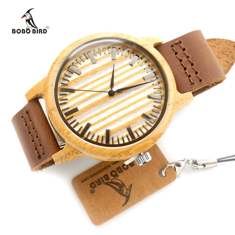 BOBO BIRD Top Mens Bamboo Watches Genuine leather Strap Wooden Wristwatches Men and Women Quartz Watch relogio masculino C-A20