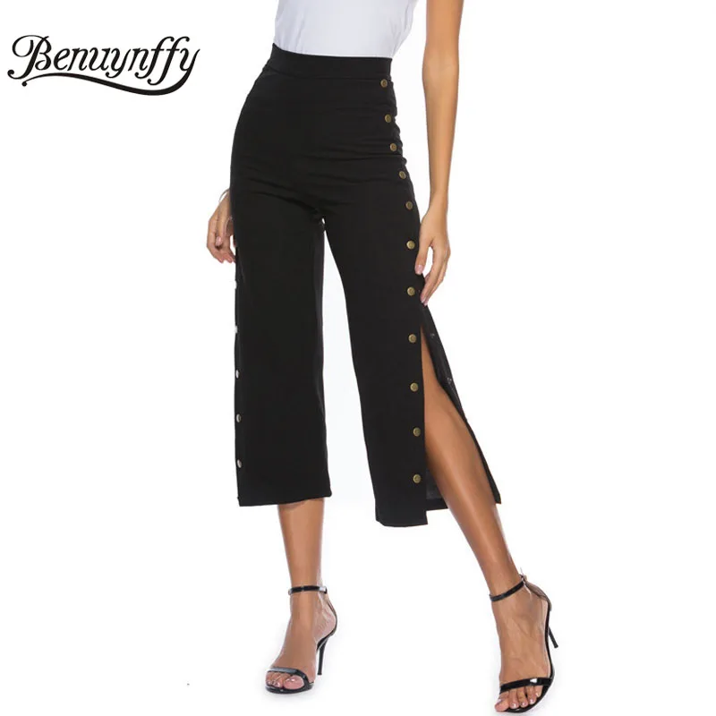 

Benuynffy High Waist Zipper Fly Pants Women Black Side Button Split Capris Trousers female Streetwear Casual Straight Pants