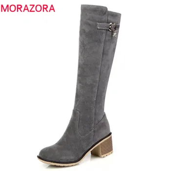 

MORAZORA 2020 new arrival boots women round toe autumn winter knee high boots zipper with buckle fashion square shoes woman