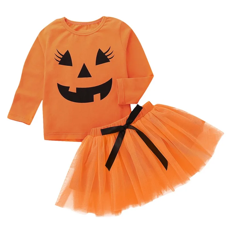 

New Baby Girls Long Sleeve Cartoon Tops+Bow Tutu Skirts 2pcs Suit 2018 Kids Children Autumn Halloween Soft Cotton Clothing Sets