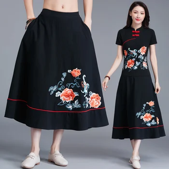 

KYQIAO jupe femme faldas mujer moda 2020 women autumn ethnic designer long black floral embroidery midi skirt