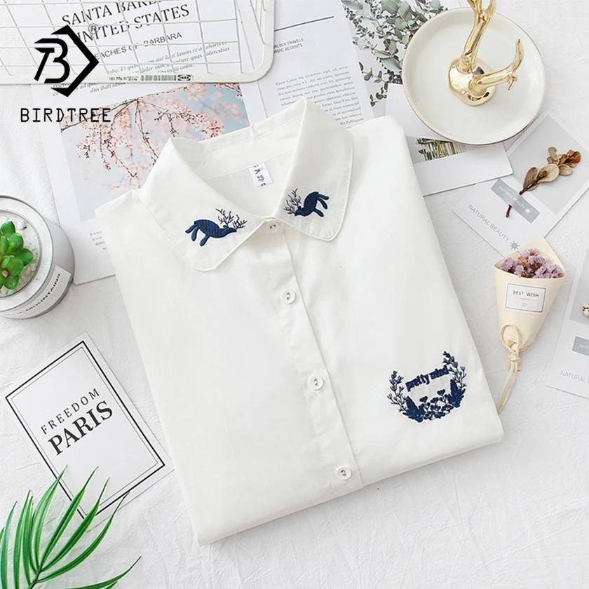 

2018 New Women White Blouses Button Up Loose Long Sleeve Fashion Animal Embroidery Sweet Camisa Blusa Feminina Plus Size T89406F