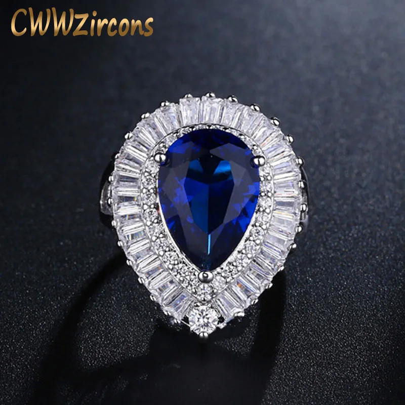 CWWZircons Регулируемый Размеры Модные женские обручальные кольца Высококачественная груша Форма из тёмно-синего хрусталя кольцо с камнями из Кубического циркония R097