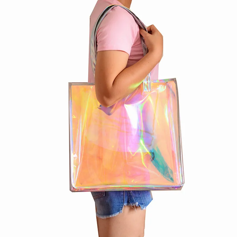 Пляжная прозрачная сумка Женская водонепроницаемая TPU лазерная прозрачная сумка-шоппер летние большие сумки с ручкой сверху Блестки для ногтей пластиковая сумка