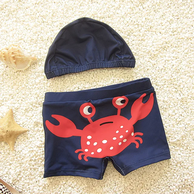 Cute Baby Boys Swimming Shorts Trunks Kids Swimwear W/Cap Printed Todders Swimsuits Beach