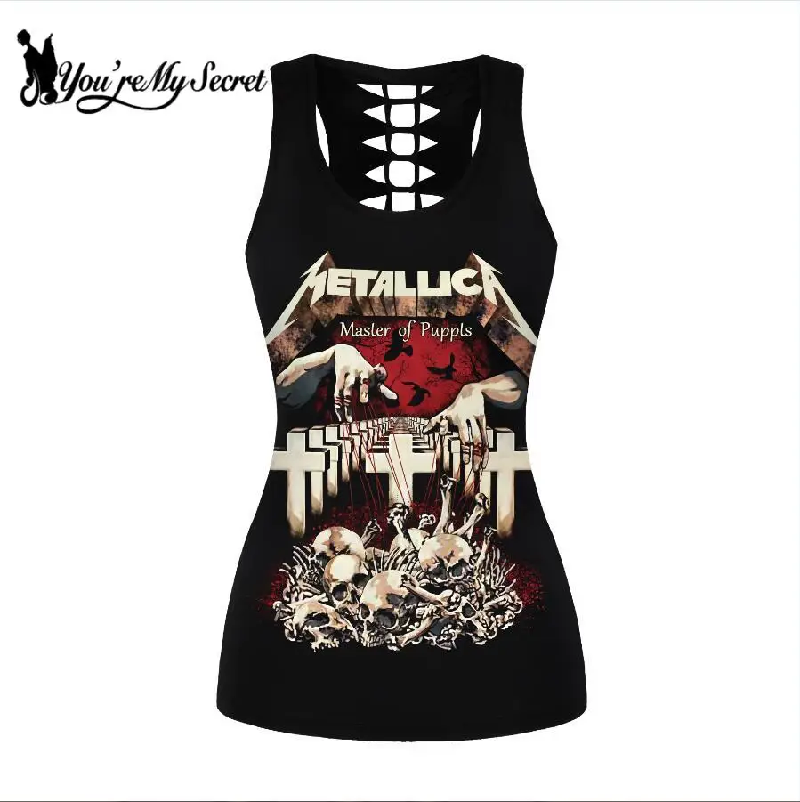 

[You're My Secret] Women Hollow Tops Summer Gothic Skull Cross Print Vest Punk Fitness Tank Top Back Hollow Out Slim Top