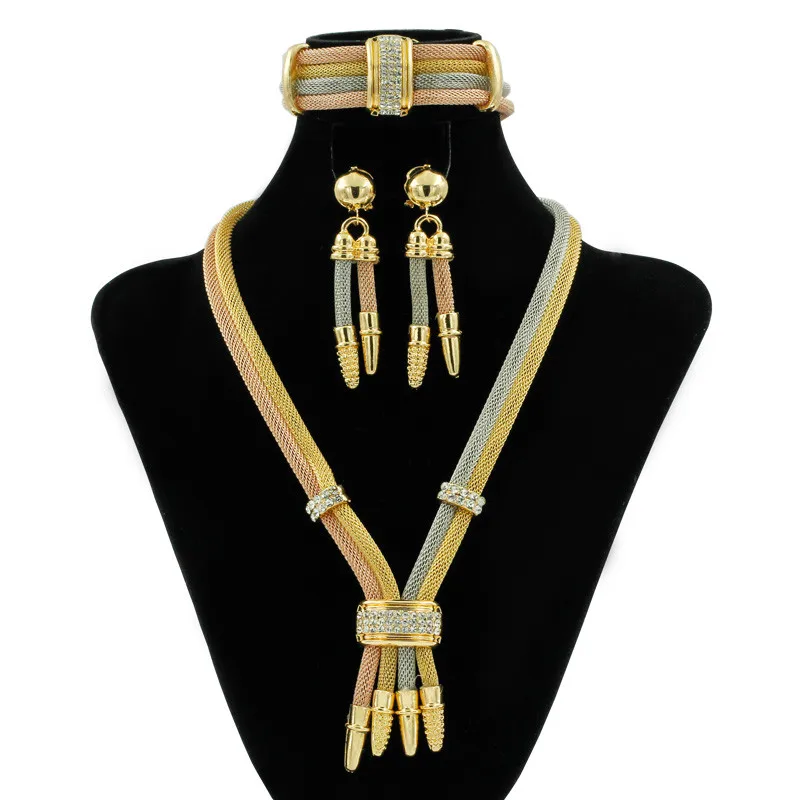 

Fashion Nigeria Gold Crystal Women Wedding Jewelry Sets Luxury Three-color Chain Necklace Pendant Bracelet Elegant Bride Sets