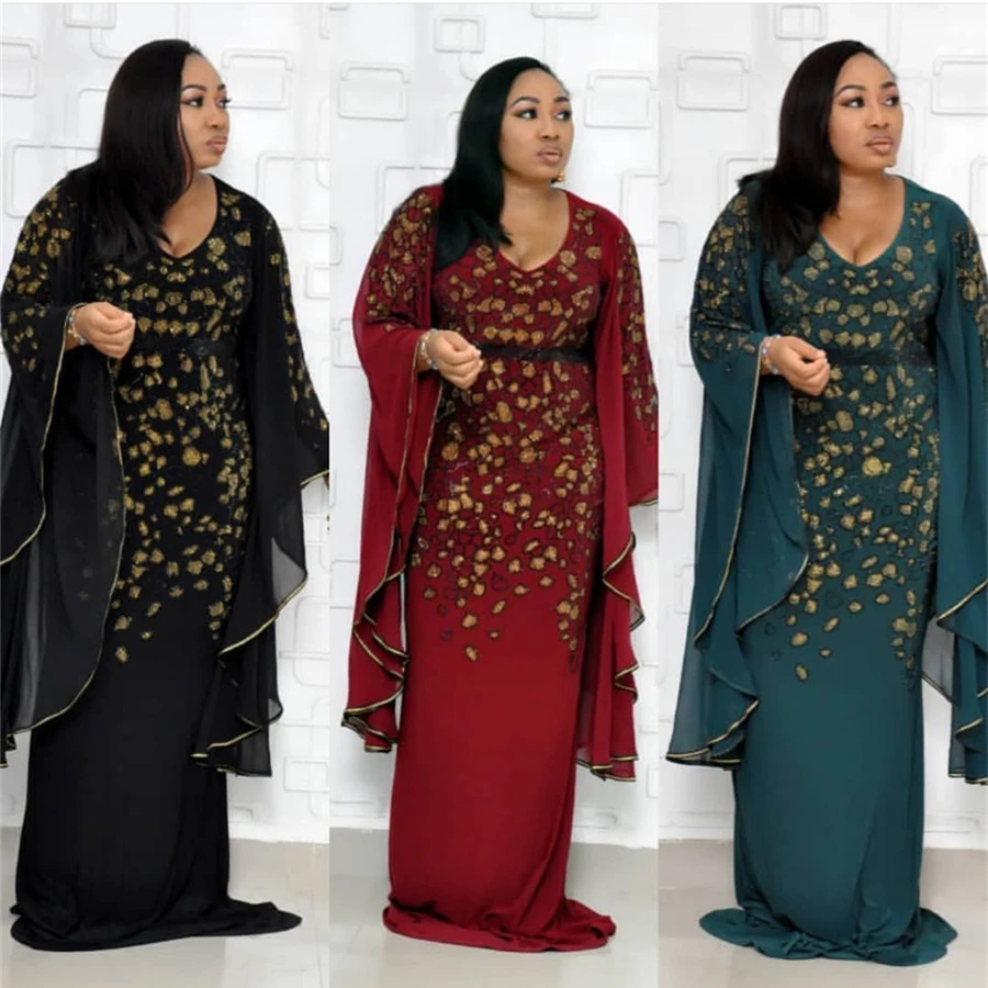 GuyuEra African Dress For Women Round Neck Large Trumpet Sleeve Embroidered Gold Sequins Slim Bag Hip Fishtail Dress