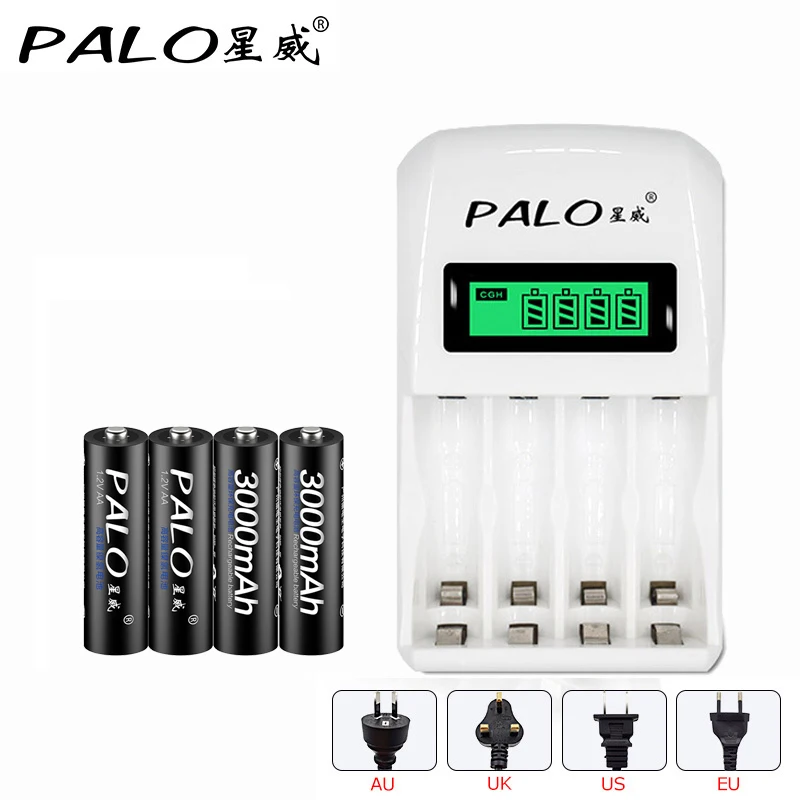 

Hot! PALO NC01 intelligent LCD display Indicator 4 Slots AA/AAA Battery Charger + 4pcs AA 3000mah NI-MH chargeable Batteries