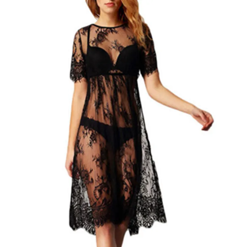 

2019 Summer Volie Mesh Dresses Women See Through Black Gauze Mesh Sundress Half Sleeve Lace Sexy Outwear W3