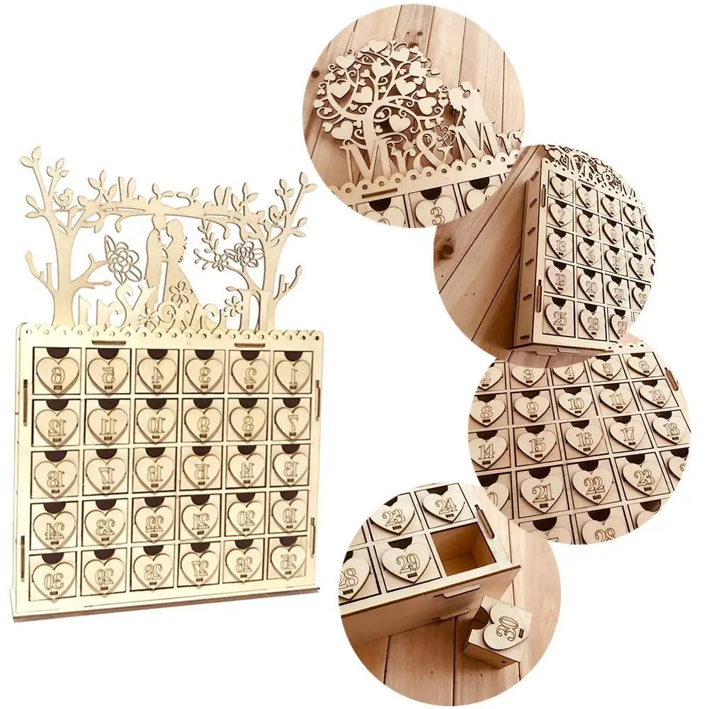  Wooden Bridal Mr&Mrs Advent Calendar 30 Days Countdown Wedding Countdown Table Wooden Decoration Or
