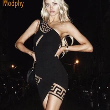 2017 Fashion Winter dress Sexy Black One Shoulder Geometric Print Women Bandage Dress Celebrity Evening Party Dresses HL239