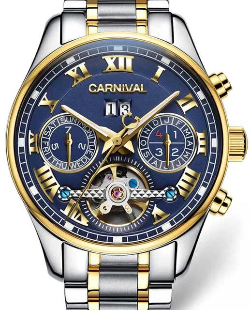 Carnival Tourbillon автоматические часы для мужчин Роскошные Золотые механические часы сапфировое стекло 30 м водонепроницаемые мужские часы reloj hombre - Цвет: steel blue