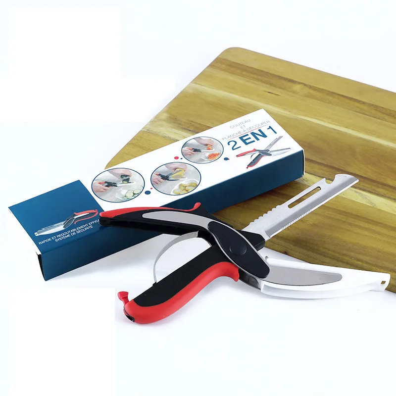 

Food Chopper Stainless Steel Knife with Cutting Board Quick Easy Cutting as Food Scissors Vegetable Slicer Fruit Cutter