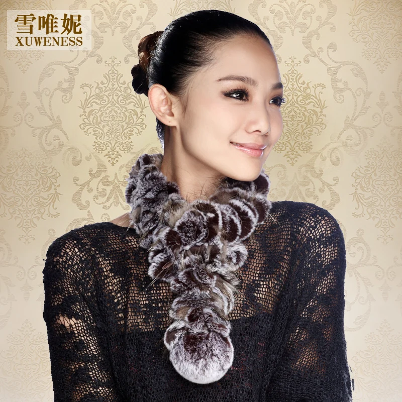 (TopFurMall) Winter Women's Real Natural Ruffled Rex Rabbit Fur Scarves Lady Warm Muffler Female Pashmina Scarf VK1452 |