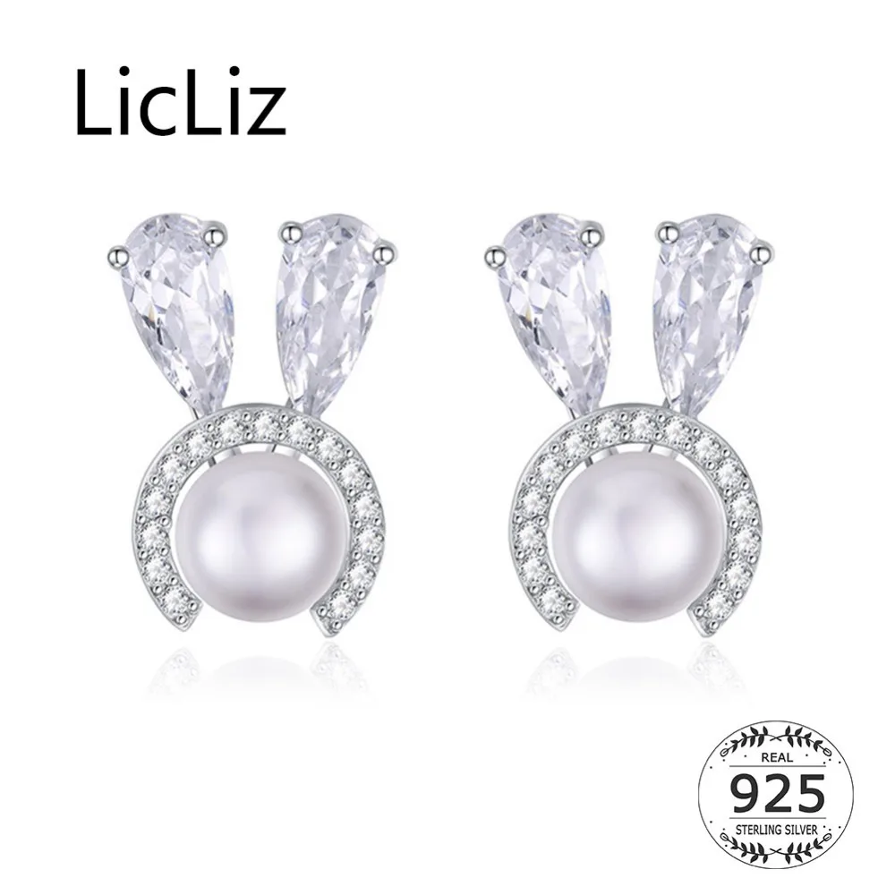 

LicLiz New 2019 S925 Sterling Silver CZ Crystal Rabbit Drop Earring for Women Clear Zircon Round Pearl White Gold Jewelry LE0589